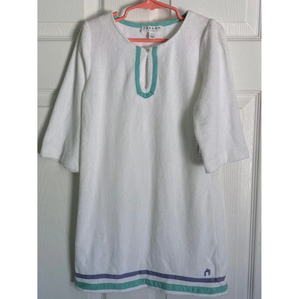NEW Cabana Life Swim Cover Up 6 White Terry Cloth UPF‎ 50+ Striped Trim